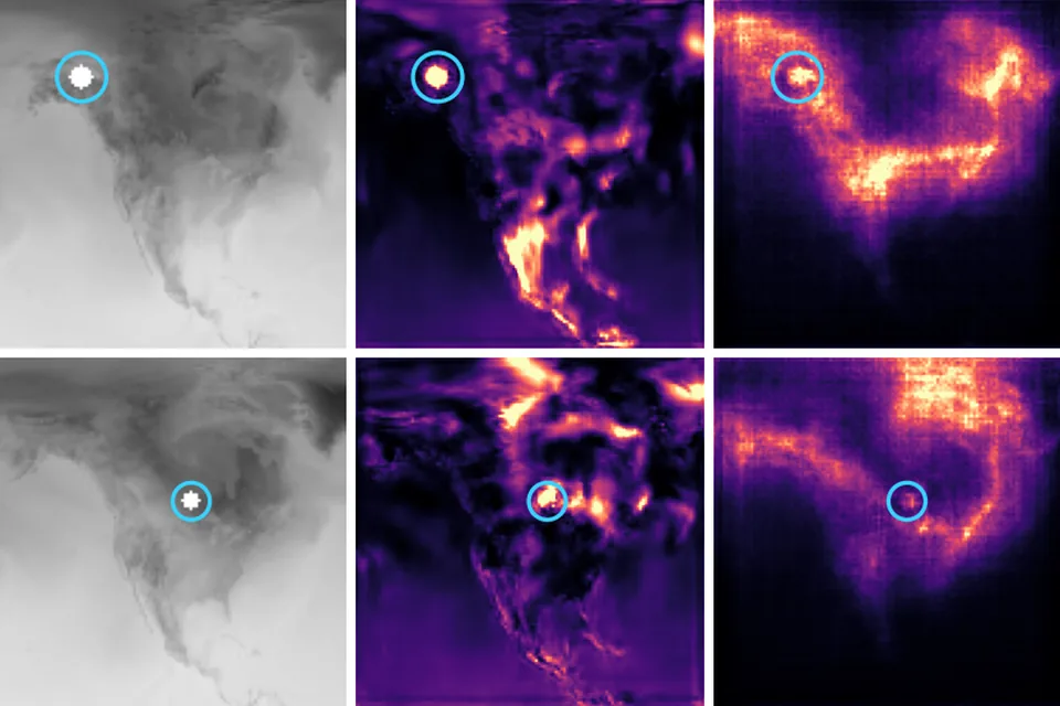 ERA5 temperature fields with an injected anomaly, next to the epistemic and aleatoric uncertainty maps.